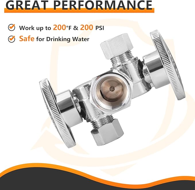20-PCs HeSun Dual Shut Off Angle Valve, 1/2" FIP x 3/8" OD x 3/8" OD Compression, 1/4-Turn Stop Valve with 2 Shut Offs, PEX Chrome Plated Brass(VALVE140-20)