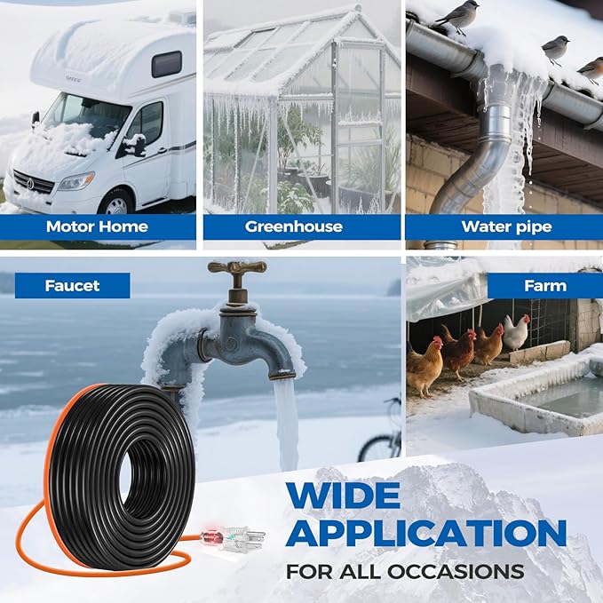 9.5FT（3FT-200FT） Pipe Heating Cable for Pipe Freeze Protection, Heat Cable for Water Pipes(Metal and Plastic), Pipe Heat Tape Keeps Water Flowing at -40°F 5w/ft, 120V Plumbing fixture