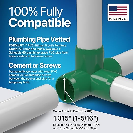 FORMUFIT 1” 4-Way Tee Furniture Grade PVC Fitting in Green, Made in USA, UV-Resistant, Impact-Proof, 1.315” Actual Socket Diameter (Pack of 4) - F0014WT-GR-4
