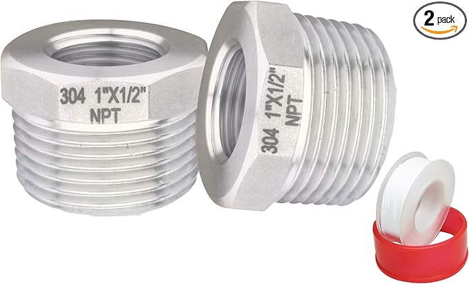 1" Male to 1/2" Female NPT Threaded Reducer Hex Bushing 304 Stainless Steel Reducing Adapter Pipe Fitting With Teflon Plumbers Tape(Pack of 2)