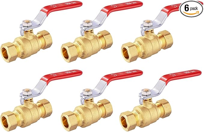 1/2" Ball Valve, 6 Pack Compression Shut Off Valves Red, Quarter Turn Brass Full Port Shut Off Ball Valve for Hot and Cold Water, NSF/ANSI 61 Certified