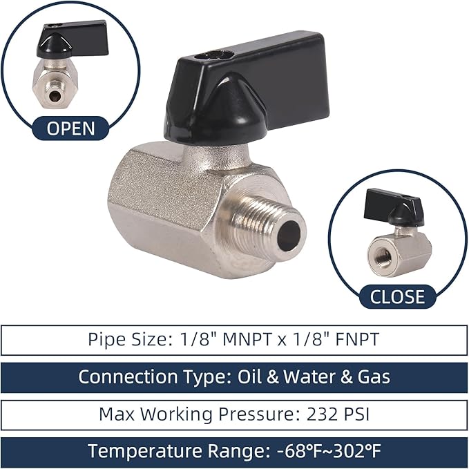 10 Pack 1/8'' Mini Brass Ball Valve 1/8 Inch Female x Male Threaded NPT Ball Valve Shut-Off Valve Plumbing Fitting for Water Oil Gas