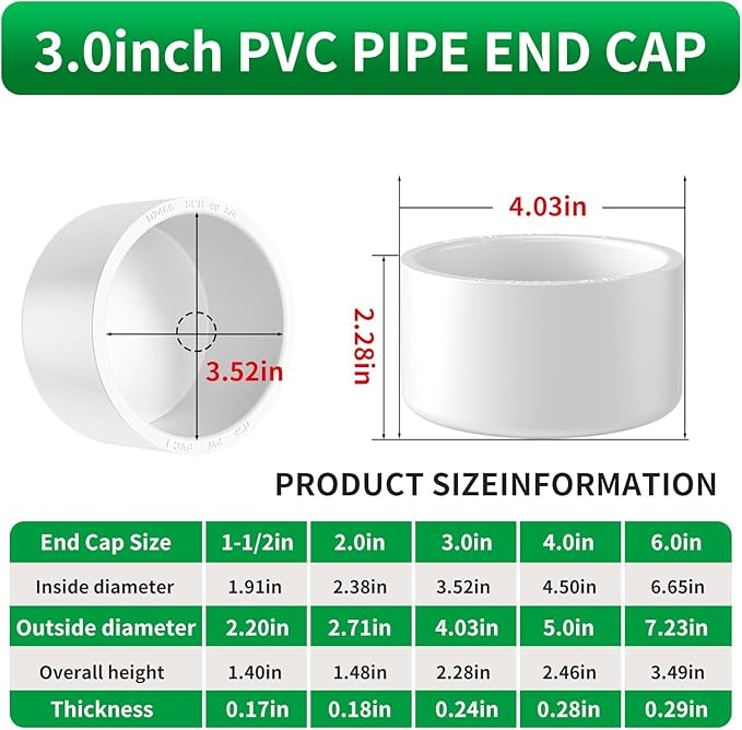 Lesso 2 Pack PVC Pipe End Cap Fitting 3" SCH40 Pipe Plug Socket Fitting, External End Cap White