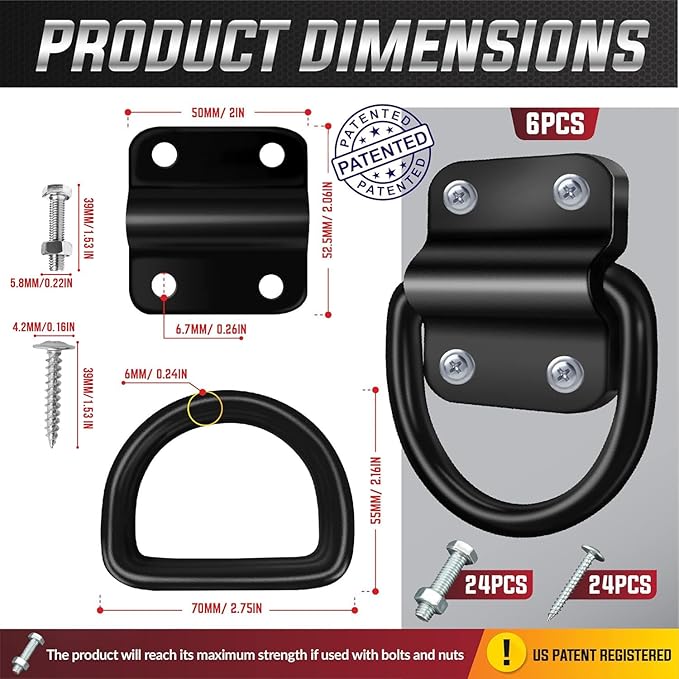 6PCS Heavy Duty Steel D Rings Tie Down Anchors, Ultra Durable 3500 Pound Breaking Strength Surface Mount Hooks Securing Cargo for Trailer, Truck Bed, with Screws & Bolts