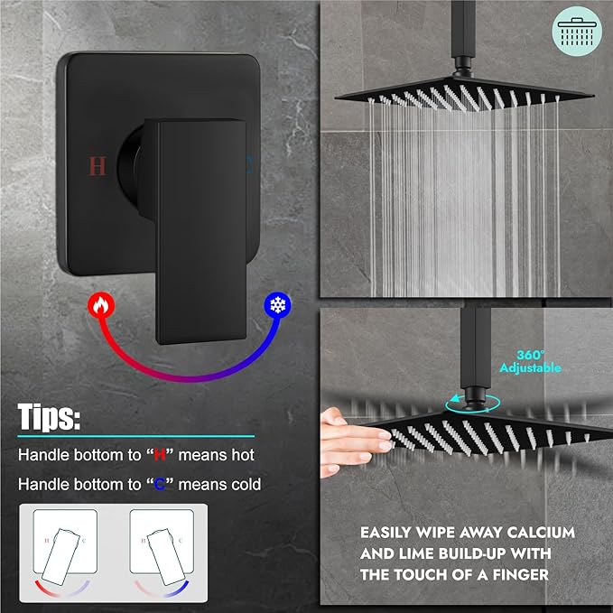 Heyalan Shower Faucet Set Square Stainless Steel Bathroom Rainfall Shower System One Handle Single Function Shower Trim Kit with Rough-in Valve Male Thread,Ceiling Mount,12 Inch,Matte Black