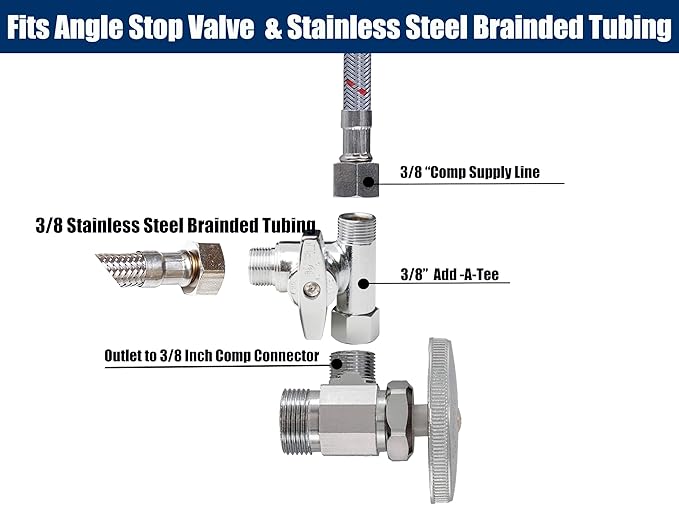 WHK Angle Stop Add-A-Tee Valve 3/8x3/8x3/8 or 1/2" Compression Tee Fittings Water Line Splitter 3 Way T Valve for Toilet Bidet,Sink Dishwasher(Lead-Free Brass)