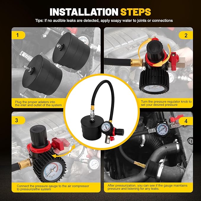 9-Piece Turbo Boost Pressure Leakage Tester Set Turbo System Leak Tester Kit with 4 Pairs of Step Adapters 1-3/8" (35mm) - 3-1/2" (90mm) and European Intake Port
