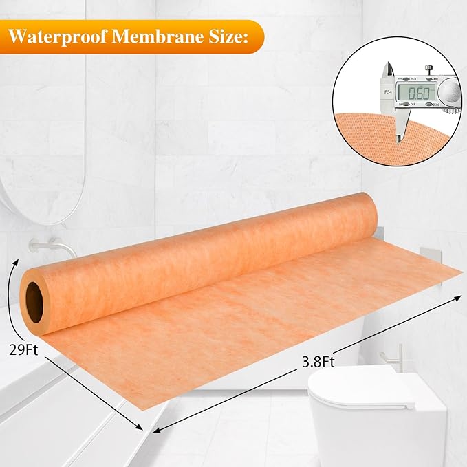 Waterproof Membrane for Shower,3.8 ft x 29 ft Waterproofing Shower Membrane for Tile Wall Floor Bathroom Shower Sauna Steam Room,Tile Underlayment Seam Tape Uncoupling Band,23.6 Mils Thick,110 Sq Ft