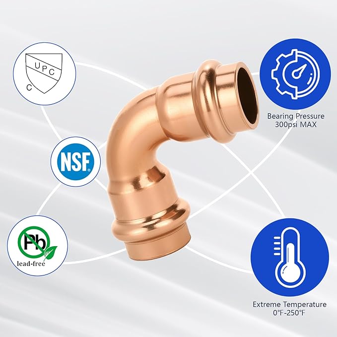 (10-Pack YVSKM) Copper Press 1/2" Long Radius Elbow Fittings,90° Copper Pipe Fittings for Water Supply, Plumbing & Hydronic Heating|Press Connect Elbow Compatible with ProPress & Standard Press Tools
