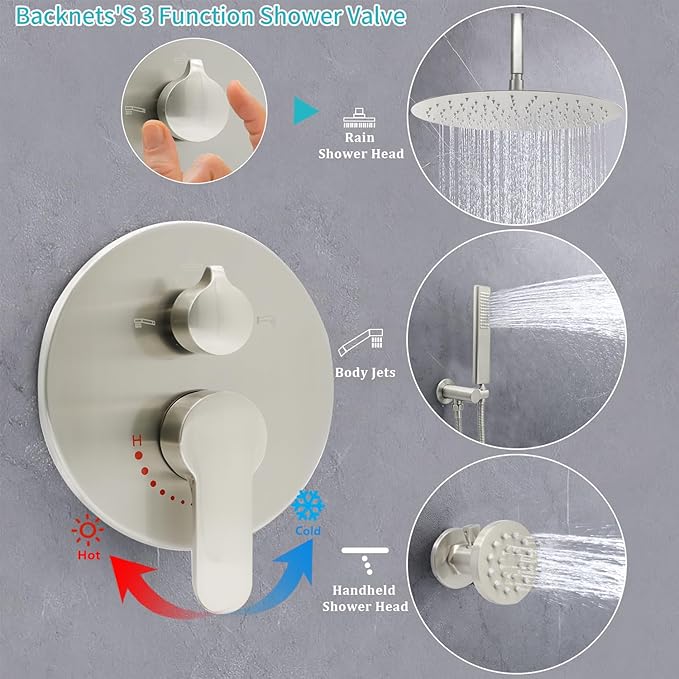 Wall Mount Brushed Nickel Pressure Balancing Shower Diverter Mixing Valve 3 Way Replacement Brass Mixer Kit