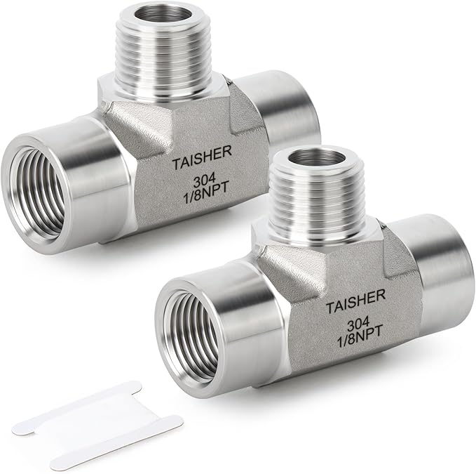 TAISHER 2PCS Forging of 304 Stainless Steel Tee Pipe Fittings, 1/8" NPT Female x 1/8" NPT Male x 1/8" NPT Female Pipe Fittings, Male Branch Tee