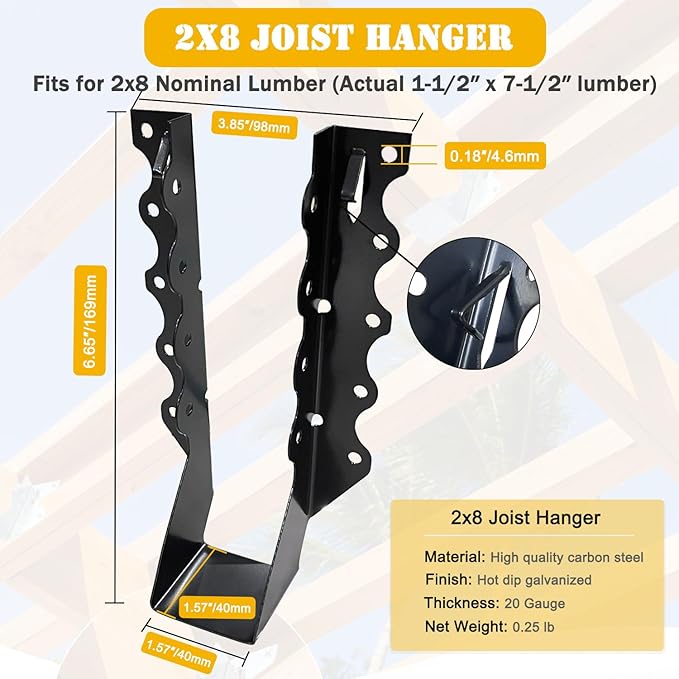 25 pcs 2x8 Joist Hanger, 18 Gauge LU28 Black Anti-Corrosion Coating Face Mount Joist Hangers, Wood Hurricane Ties, Rafters Tie(LU28, 25pcs, Black)