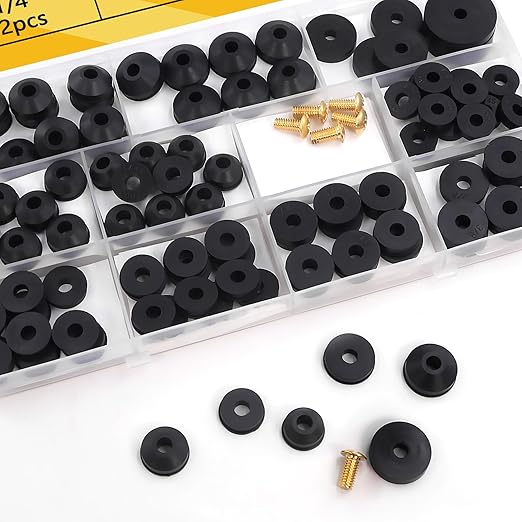 114-Piece 12 Sizes Faucet Washer Assortment Kit - Flat & Beveled Rubber Washers & Brass Bibb Screws for Outdoor Spigot, Hose Bib, Garden Valve Repair Replacement