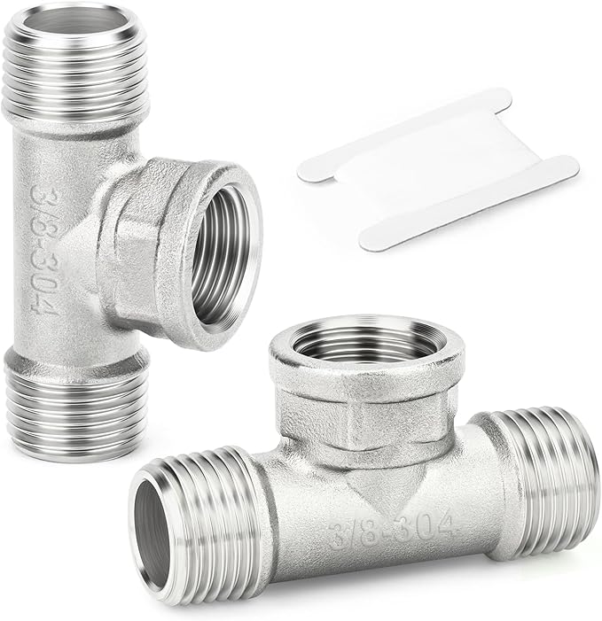 TAISHER 2PCS 304 Stainless Steel Tee Pipe Fittings, 3/8" NPT Male x 3/8" NPT Female x 3/8" NPT Male Pipe Fittings, Female Branch Tee