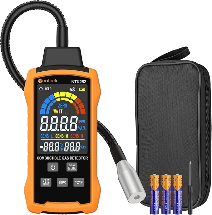 Neoteck Natural Gas Detector 0-9999PPM/0%-20% LEL Gas Leak Detector with 12” Gooseneck Combustible Gas Detector with 3 Sensitive Modes Test Methane Propane Gasoline for Gas Pipeline Gas Stove and RV
