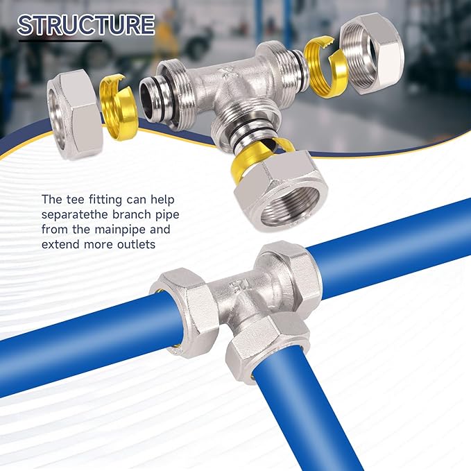 2PCS 3/4’’ Air Line Fittings for Shop Garage, 3/4’’ Tubing Tee Air Piping Fittings Fit for Compressed Air Tube System, Brass-Nickel Plated, 200PSI Working Pressure