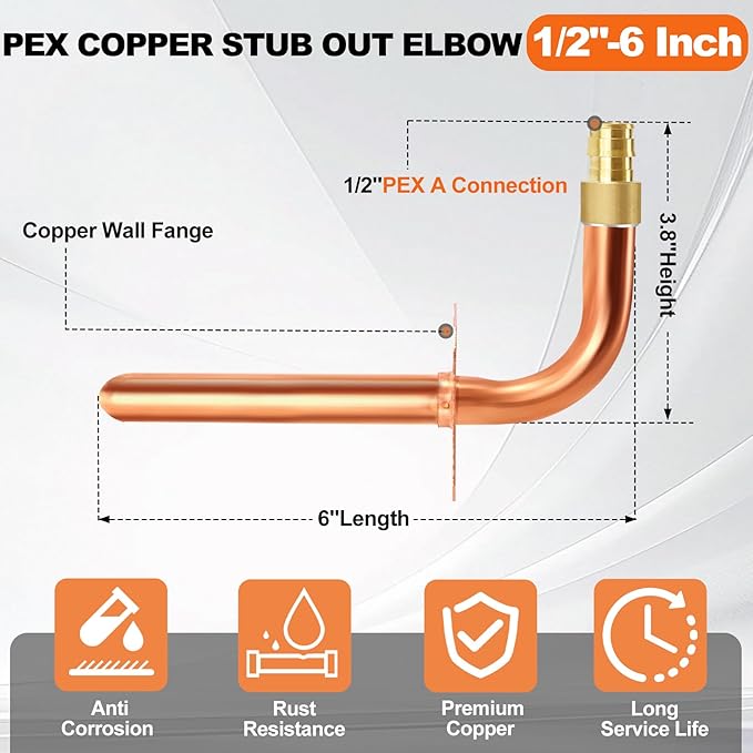 10 Packs Copper Pex Stub Out,1/2 Inch Pex-A Expansion F1960,Copper Stub Out Elbows With Wall Flange,Lead-Free 1/2" X 6" Plumbing Flange For Barb Crimp PEX-A,Pex Copper Stub Out 1/2 Expansion