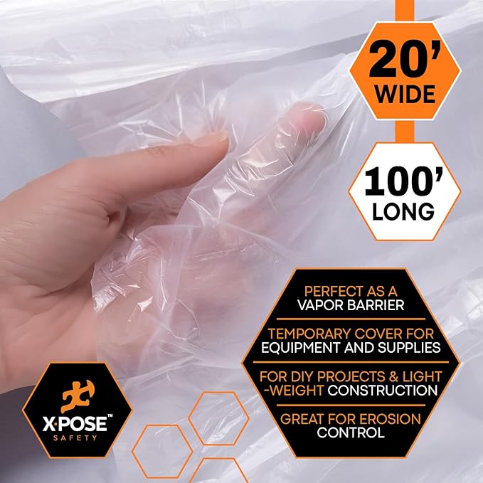 Xpose Safety Clear Plastic Sheeting 10 Pack – 20' x 100' Rolls – Heavy Duty 6 Mil Poly Sheet – Waterproof, Dustproof, Vapor Barrier – for Construction, Painting, Industrial Use