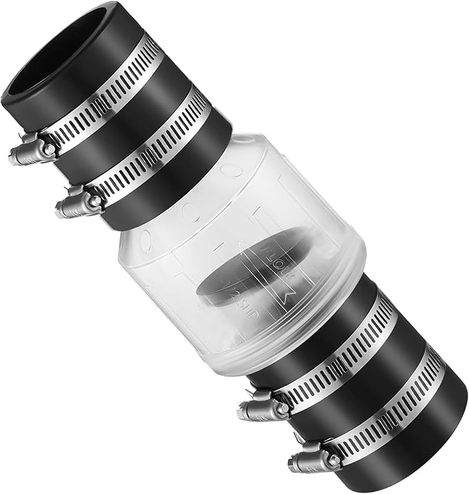 Silent Check Valve 1-1/2" with Buna-N Couplings, Spring-Loaded Flapper Increases Sump Pump Life Includes Heavy-Duty Steel Clamps for 1-1/2″ Pipe.