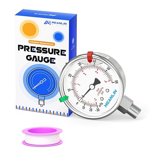 MEANLIN MEASURE -30inHG~60Psi Vacuum Pressure Gauge 316 Stainless Steel Joint 1/4" NPT 2.5" FACE DIAL, Stainless Steel Liquid Filled Pressure Gauge WOG Water Oil Air Lower Mount, 2PCS Snaps