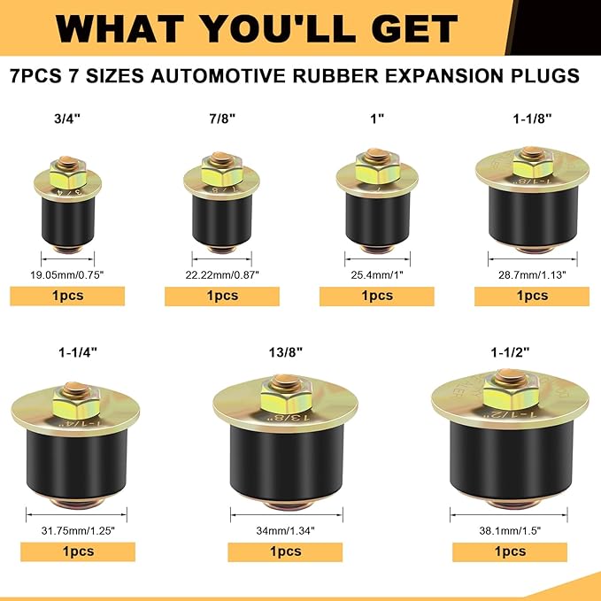 Siptenk Freeze Rubber Expansion Plug, 7 Sizes 3/4" 7/8" 1" 1-1/8" 1-1/4" 1-3/8" 1-1/2" Automotive Rubber Expandable Freeze Plugs for Engine