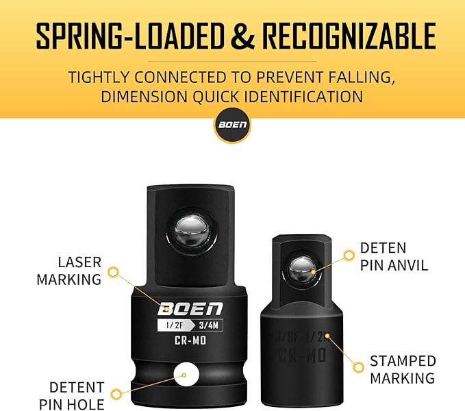 BOEN 6 Piece Impact Socket Adapter Set, 1/4" 3/8" 1/2" 3/4" Drive Socket Reducer Set with Durable Case, CR-MO, Reducer Converter Impact Adapter Set for Impact Driver Conversions