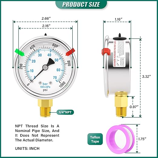 0-1000PSI Stainless Steel Liquid Filled Pressure Gauge, 2.5" Dial Size, 1/4" NPT Lower Mount, for Tube, Water Pump, Gas, Liquid, Pressure Test (with Range Mark Pointer)