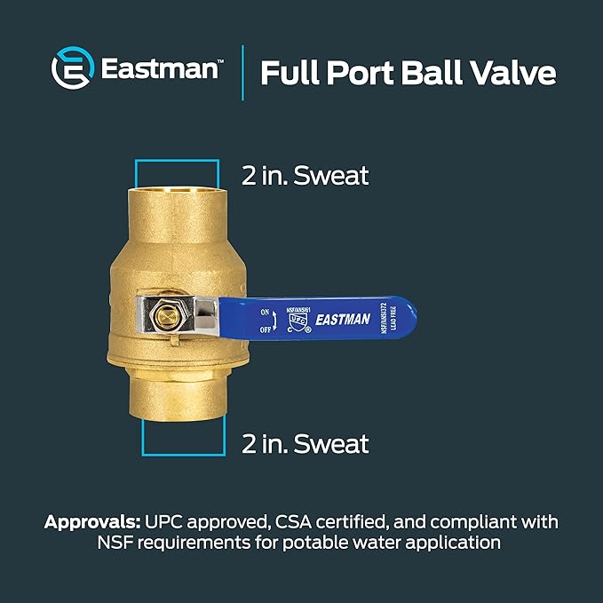 Eastman Heavy Duty Full Port Brass Ball Valve, 2 in Sweat x 2 in Sweat Connection, 20071LF