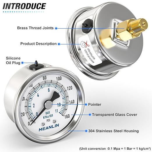 MEANLIN MEASURE 0~160Psi Dry Pressure Gauge Stainless Steel 1/8" NPT 2" FACE DIAL Waterproof for Air Compressor RV Regulator Water Pressure Tester Back Mount with 1/4" NPT and 3/8" NPT Hex Bush