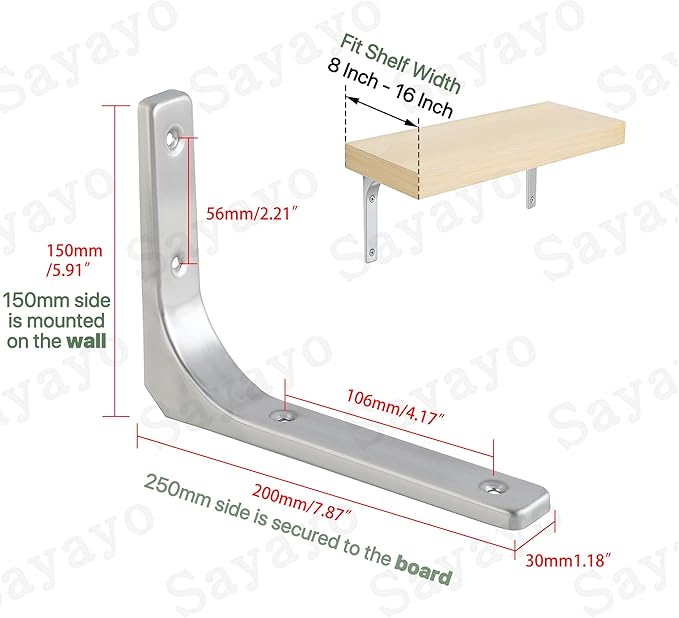 SAYAYO Heavy Duty Floating Shelf Brackets 8 Inch x 6 Inch, Stainless Steel Wall Shelf Brackets & Supports Brushed Nickel L Bracket, Angle Bracket Corner Brace for Wood, 4Pcs