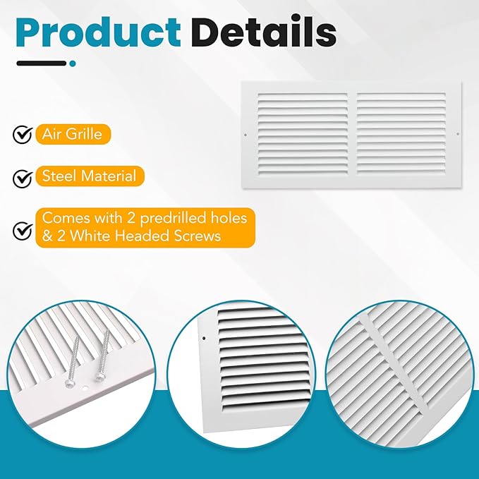 VOISEN Return Air Grille,Fits 14x6 Duct Opening,Steel Return Vent Cover, White Vent Cover Grill for Sidewall and Ceiling,HAVC Cold Air Return Vent Cover,Overall Size:15.8"W X 7.9"H