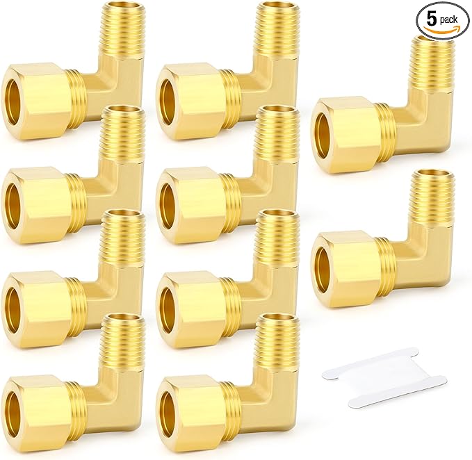 GASHER 10PCS Brass 90 Degree Elbow Compression Tube Pipe Fitting Connector, 1/4" Tube OD x 1/8" NPT Male Connector