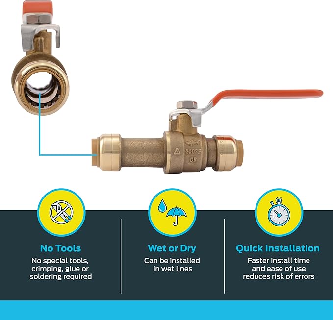 SharkBite 1/2 Inch Slip Ball Valve, Pack of 6, Push to Connect Brass Plumbing Fitting, PEX Pipe, Copper, CPVC, PE-RT, HDPE, 24735LFZ