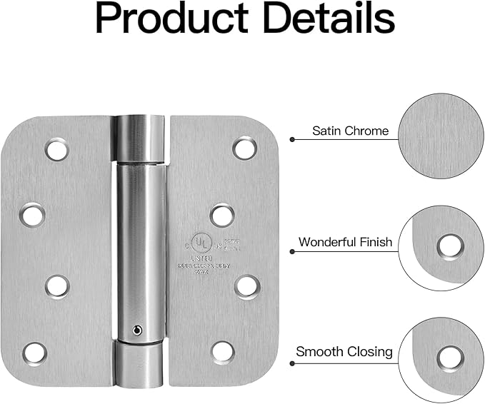 4 Inch Self Closing Satin Nickel Door Hinge 5/8" Radius Corner 3pack, Adjustable Tension for Garage, Front Door, Back Door, Left and Right Hand Door, UL Listed