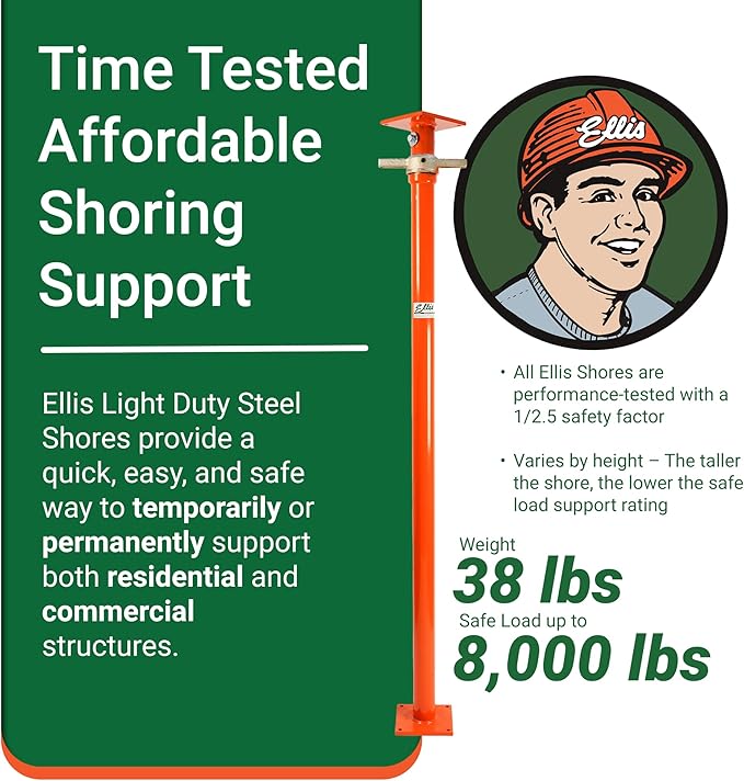 Ellis Manufacturing Light-Duty Steel Lifting Shore and Jack Post – House Jack for Foundation, Floor Leveling, and Concrete Bracing – 8,000 lb Safe Load Capacity – 61"-85" Adjustment