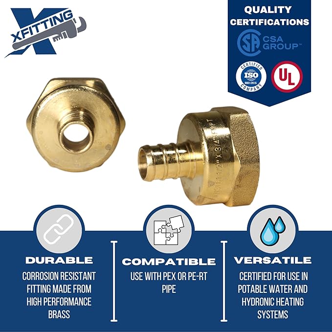 XFITTING Pex Fitting, 3/4 inch Female NPT to 1/2 inch Pex Adapter for Plumbing Repairs or Remolding, Sturdy and Durable Brass Crimp Fitting, 5 Pieces