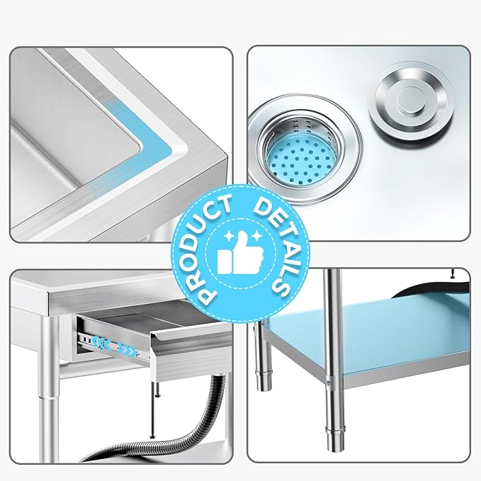 Stainless Steel Utility Sink Freestanding Single Bowl Laundry Sink with 360° Swivel Pull-Out Sprayer Faucet, Hot and Cold Water Plumbing Workbench Drawers for Laundry Room Farmhouse