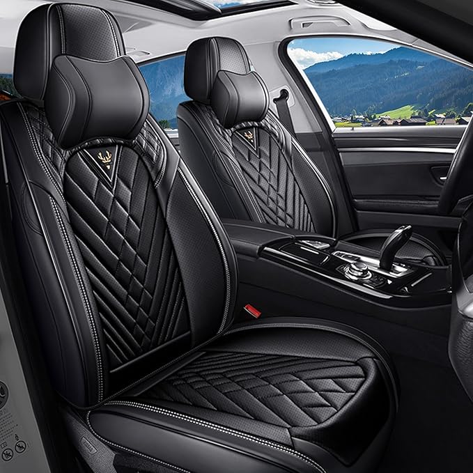 Car Seat Covers for Jaguar E-PACE 2018-2024,Breathable Nappa Leather Car Seat Protector,Front Seat Cover with Pillow Automotive Seat Cushion with Airbag Compatible(Front Seats,Black)