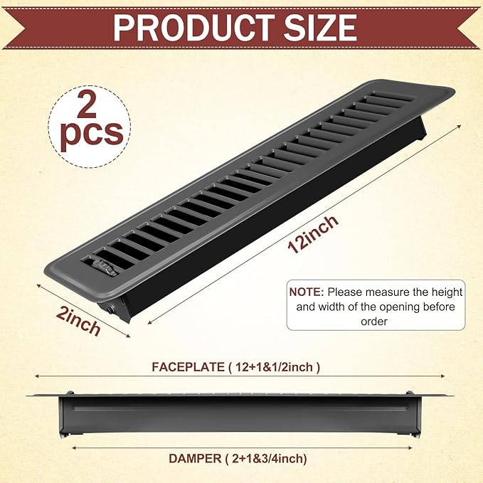 Tandefio 2 Pcs 2" x 12" Floor Register Vent Covers Metal Heavy Duty Walkable Floor Air Vent Covers with Rust Proof Finish Grille Easy Adjust Air Supply Lever for Home Wall Ceiling (Gray)
