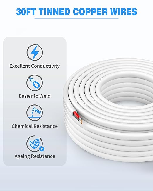 NAOVEO 10 Gauge Wire 2 Conductor Electrical Wire, 10 AWG Stranded PVC Tinned Copper Cable, Flexible/Low Voltage Automotive Wiring for LED Lamps, Marine, Speaker, Appliances (30FT)
