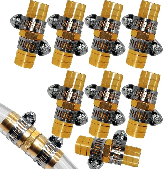 8PCS 1/2 Inch Garden Hose Repair Mender Brass Water Hose Repair Kit Fitting Conectors Splicer with 16PCS Stainless Clamp