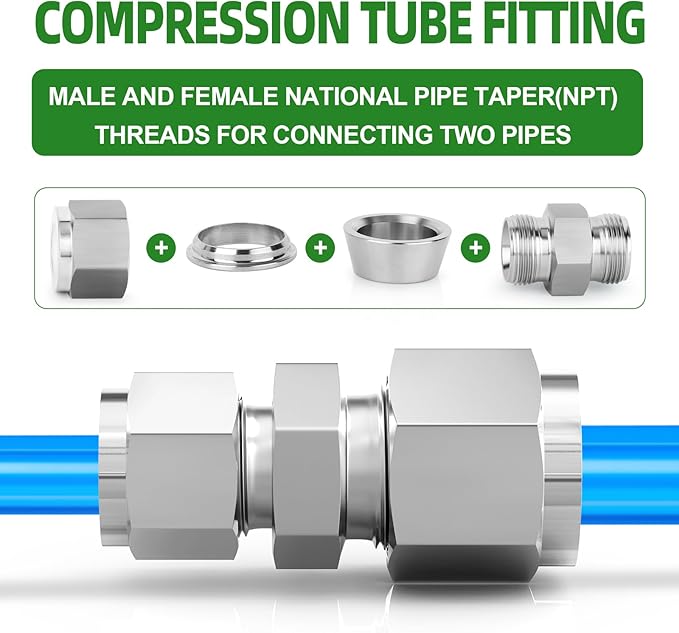 TAISHER 2PCS 304 Stainless Steel Compression Tube Pipe Fitting Connector, 3/8" Tube OD x 1/4" Tube OD Straight Adapter