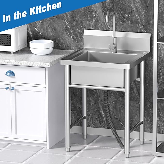 20" Free Standing Stainless-Steel Single Bowl Commercial Restaurant Kitchen Sink Set w/Hot and Cold Faucet, for Kitchen and Bathroom Farmhouse Style