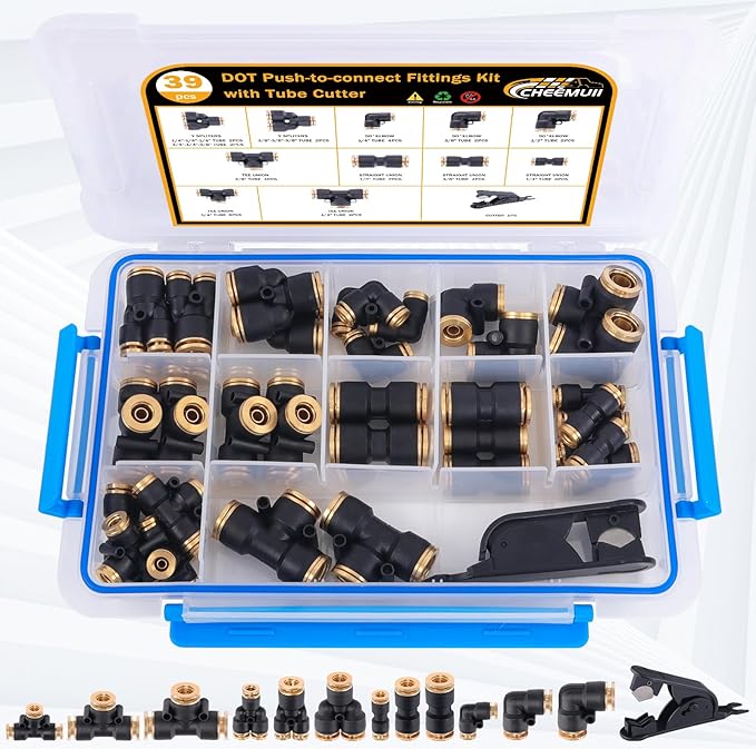 CheeMuii 39 PCS DOT Air Line Quick Connect Fittings 1/4" 3/8" 1/2" Push to Connect Fittings DOT Brass Air Hose Fittings Repair Kit for Semi Truck Air Line Kit or Industrial Air System