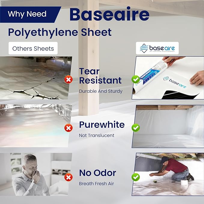 BaseAire Crawl Space Vapor Barrier, 10mil Film, 10'x100', Thick Plastic Sheeting, Drop Cloth Vapor Barrier Covering for Crawlspace Encapsulation, Black and White Panda Film