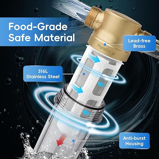 PDR-100WSP Spin Down Sediment Filter, Reusable Whole House Sediment Water Filter for Well Water, 100-Micron Flushable Prefilter Filtration System with Scraper, 1" MNPT + 3/4" FNPT