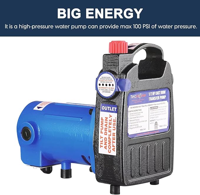 1/2 HP Cast Iron Transfer Pump, 120V 1560GPH Water Pump, High Pressure Transfer Pump with Suction Strainer and Brass Connectors.