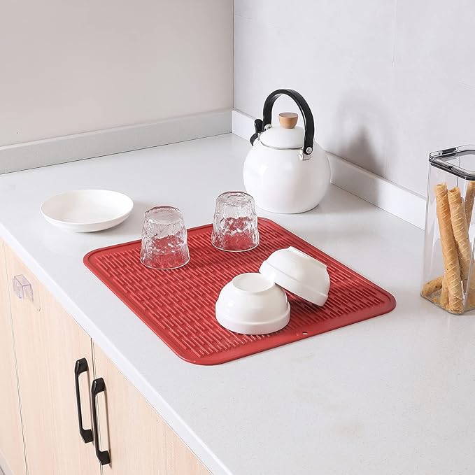 Silicone Dish Drying Mat for Multiple Usage,Easy clean,Eco-friendly,Heat-resistant Silicone Mat for Kitchen Counter or Sink,Refrigerator or Drawer Liner Red 2XL 24 inches x 18 inches