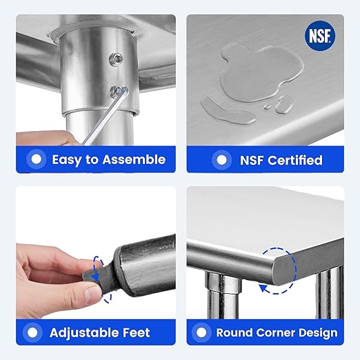 Hally Stainless Steel Table for Prep & Work 30 x 48 Inches, NSF Commercial Heavy Duty Table with Undershelf and Galvanized Legs for Restaurant, Home and Hotel