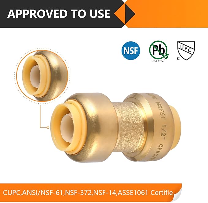 10-Pack HeSun Pushfit Coupling, 1" x 1" Push to Connect Plumbing Fittings with Disconnect Clip, Brass Push-fit Fittings for PEX, Copper, CPVC, PE-RT Pipes(PF009-10)